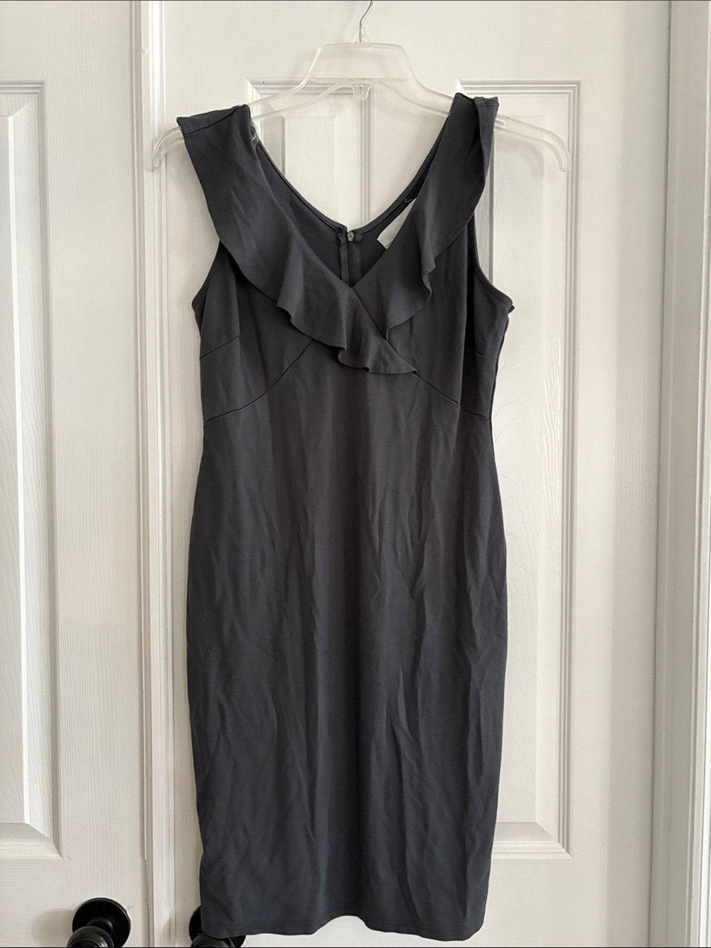 Superfoxx Nordstrom slate gray ruffle midi column Bodycon dress Size Large NEW